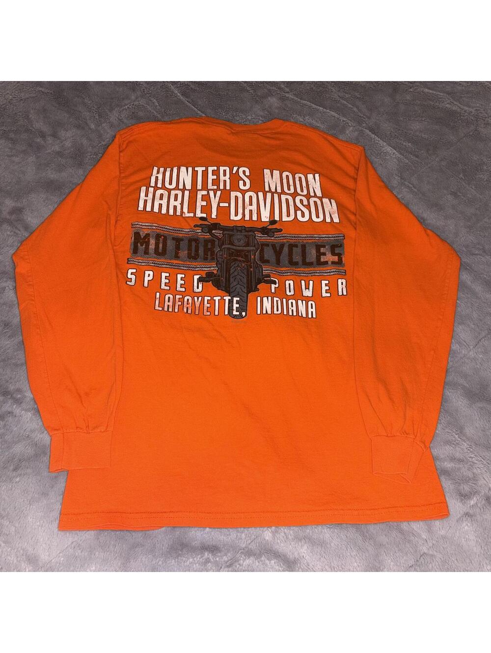 Harley Davidson Orange Long Sleeve Hunter's Moon Lafayette, IN Medium Bikercore - Picture 2 of 6